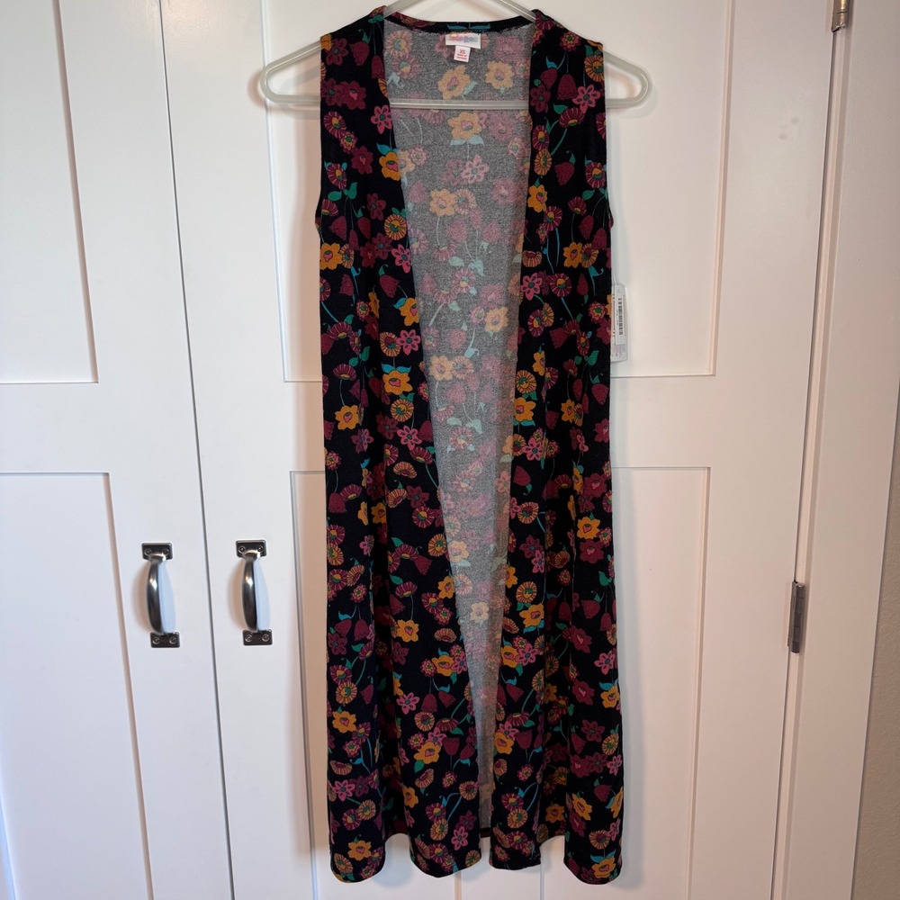 LuLaRoe Joy Sleeveless Knit Duster Side Slits Black w/ Floral Print Women's XS
